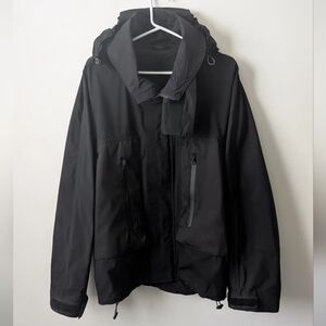 Black Hooded Technical High Collar Rain Shell Jacket
